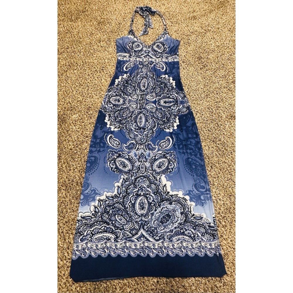 90s Carol Little Summer Blue Floral Halter Maxi Dress Sz 8 Resort Cruise PP08